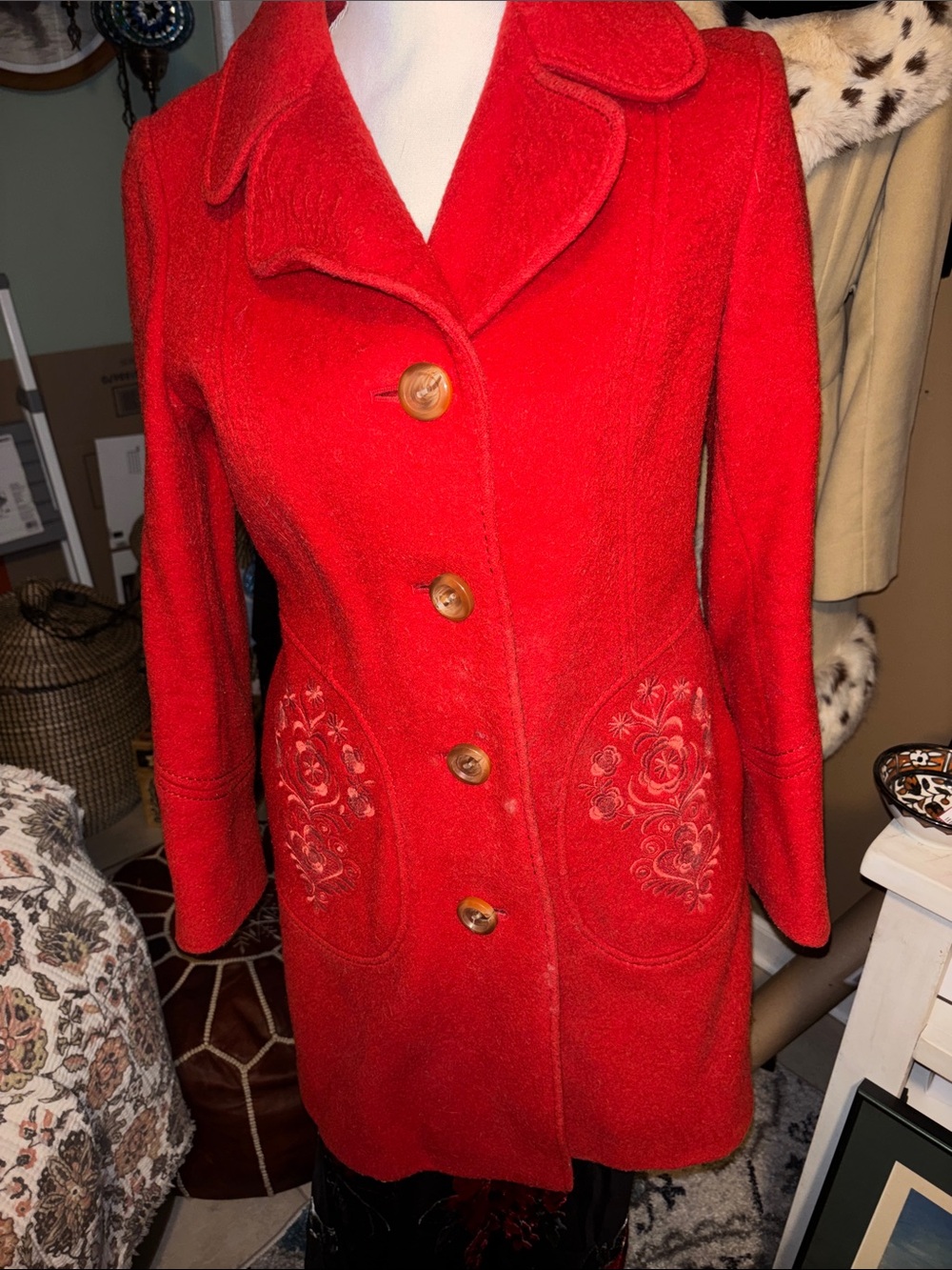 Vintage 60’s 70’s Red  Embroidered Wool-Blend Pea Coat - Classic Button-Front